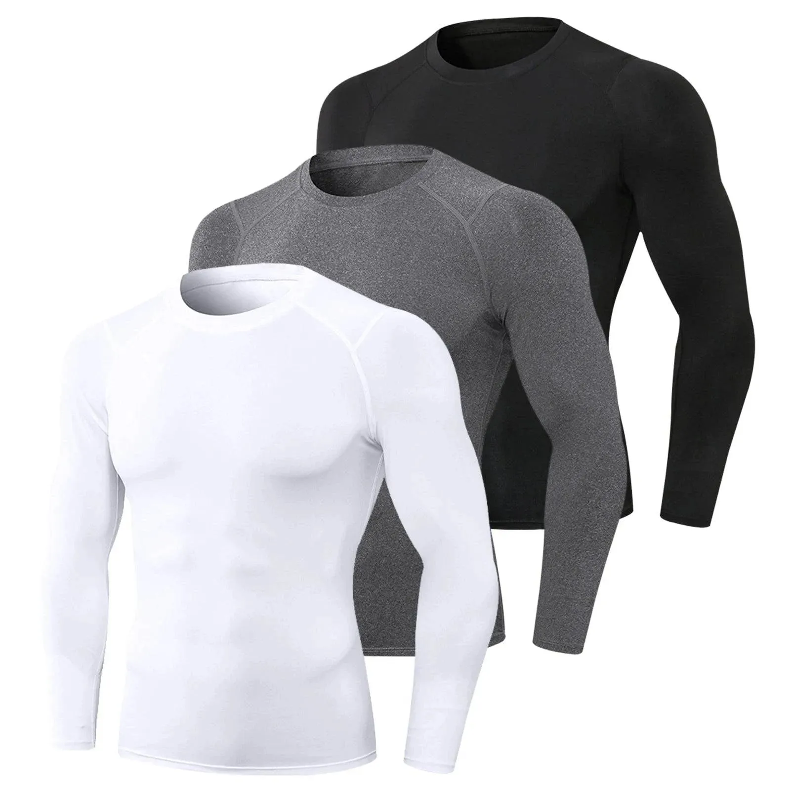 3pcs Men's Athletic Long Sleeve Compre ssion Shirts Quick Dry Workout T-Shirt Running Tops