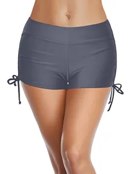 Adjustable Side Ties Straps Bathing Suit Shorts For Women-Grey