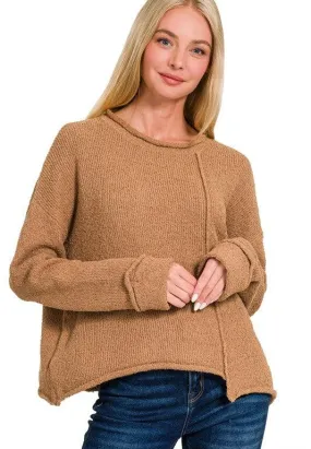 Asymmetrical Hem Sweater - Deep Camel