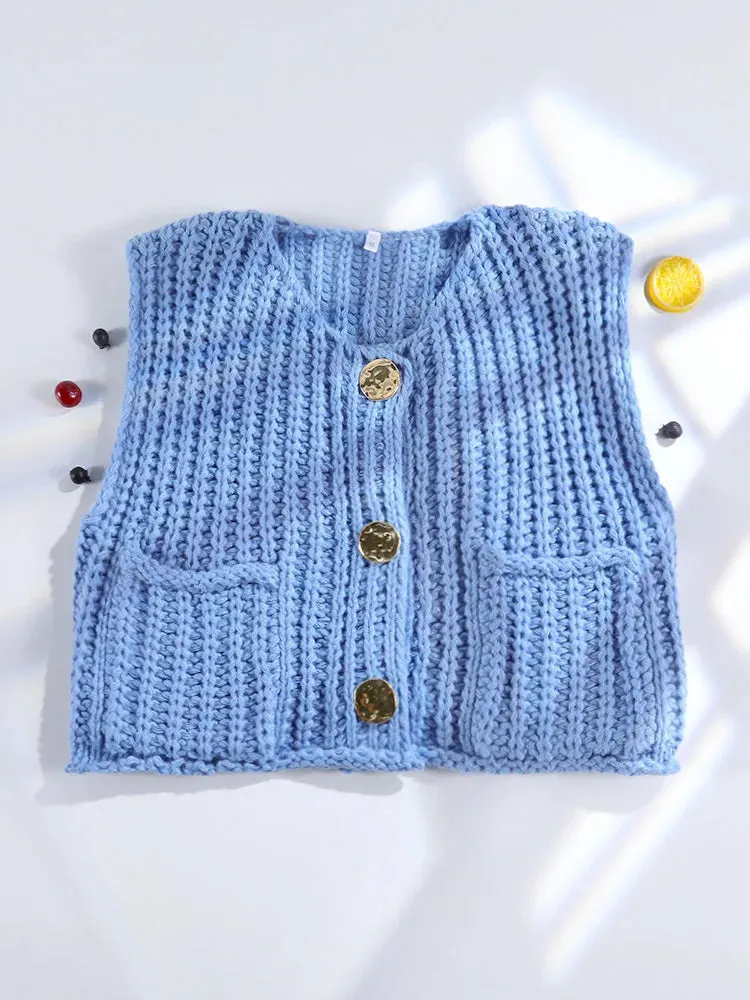 Blue Sleeveless Top Button Clothing Women's Sweater Chic Clothes Casual Tank Top Women Sweater Vests Fashion Knitted Vest