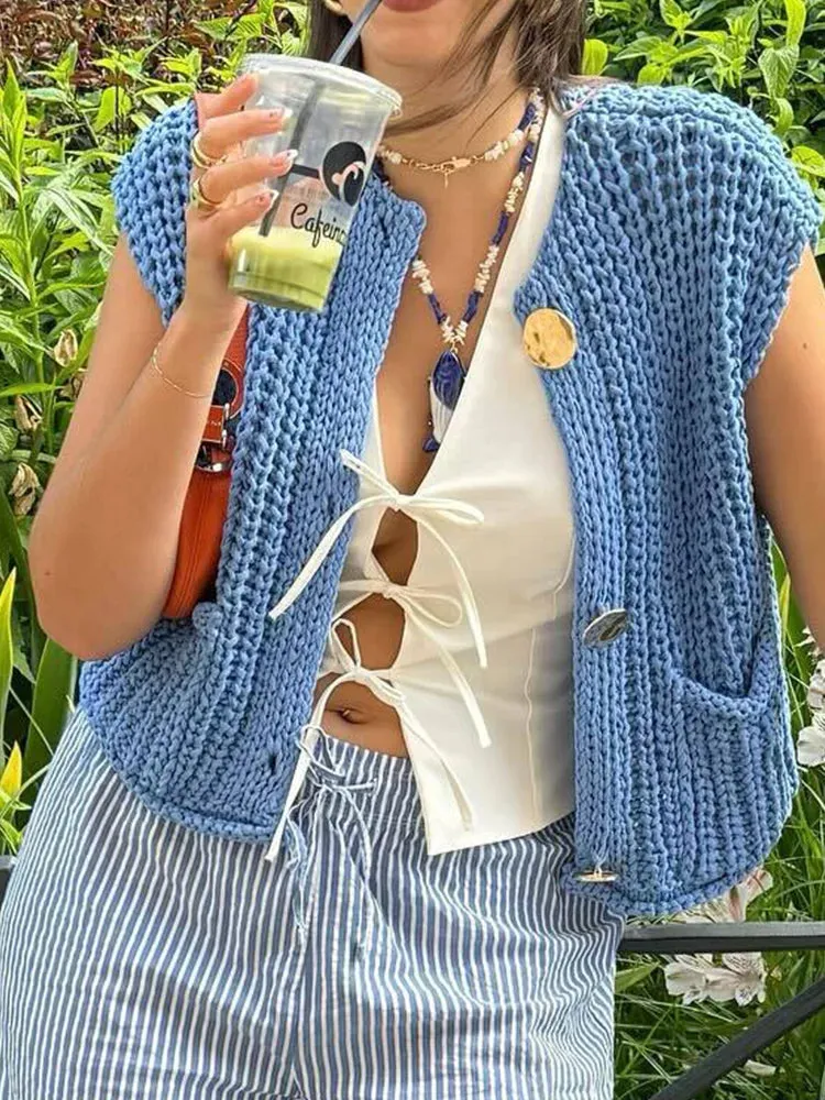 Blue Sleeveless Top Button Clothing Women's Sweater Chic Clothes Casual Tank Top Women Sweater Vests Fashion Knitted Vest