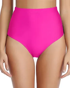 Body Shaping Swim Bottoms Retro High Waisted Bikini Bottoms-Neon Pink