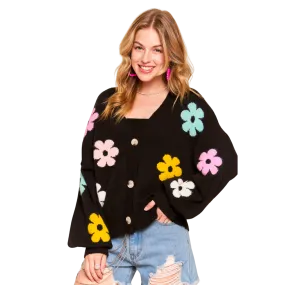 Button Down Floral Cardigan - Black