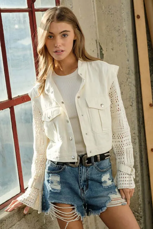 Chic Twill Crop Crochet Sleeve Jacket