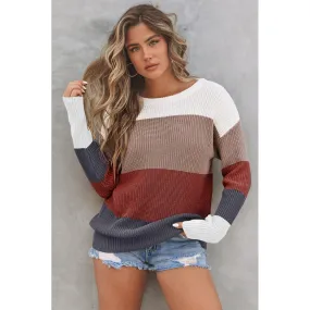 Color Block Knitted O-neck Pullover Sweater