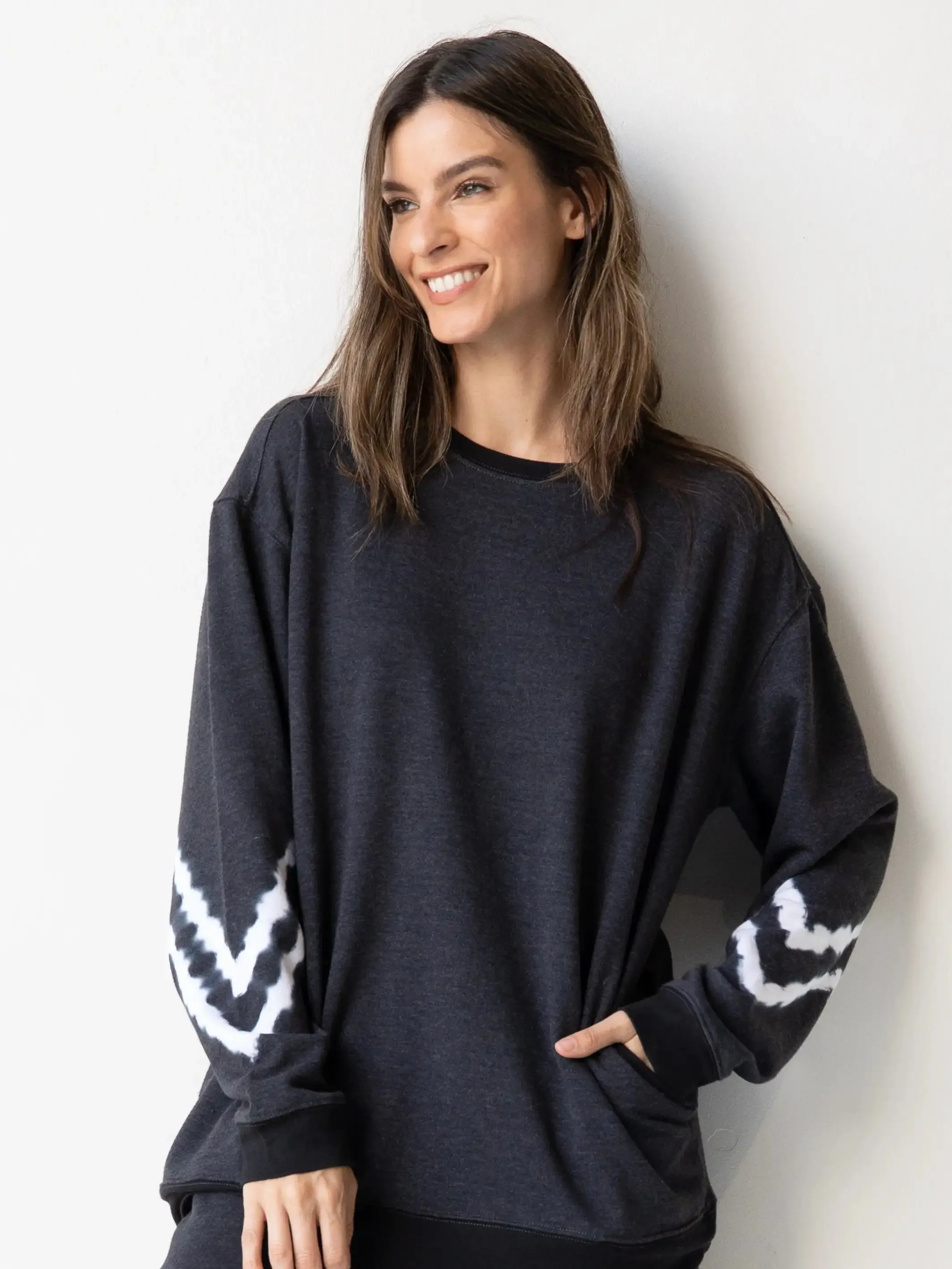 Comfy Crew Neck Sweatshirt - Charcoal Chevron