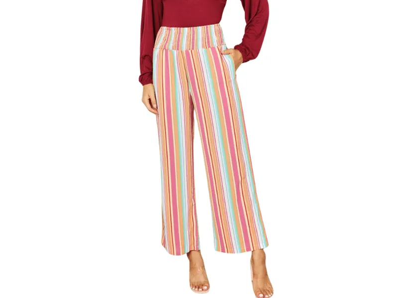 Double Take Striped Smocked Waist Pants with Pockets