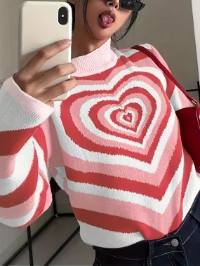 Fashion Color Heart Pattern Knitted Cute Pull Over Sweater