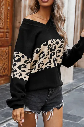 HWU1024 Off-Shoulder Leopard Print Colorblock Sweater