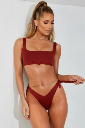 Knot Your Girl V-Shaped High Rise Thong Bikini Bottoms in Rust