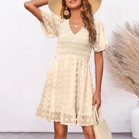 Neck Smocked Short Sleeve Casual Dot Swing Flowy Ruffle Hem Summer Midi V Dress