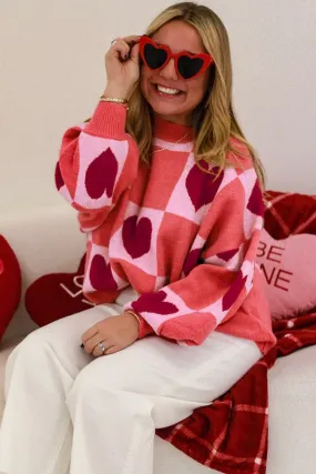 Pink Plus Size Love Heart Block Valentine Sweater