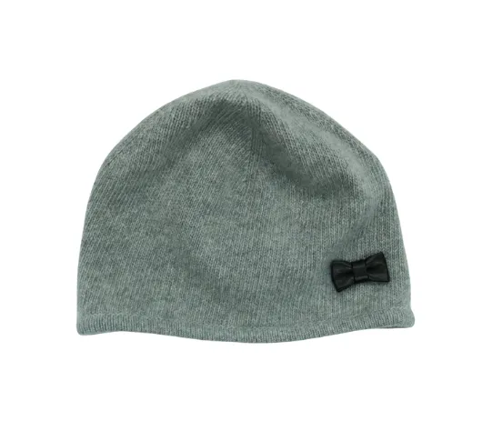 PORTOLANO - Cashmere Beanie with Black Leather Bow in Grey