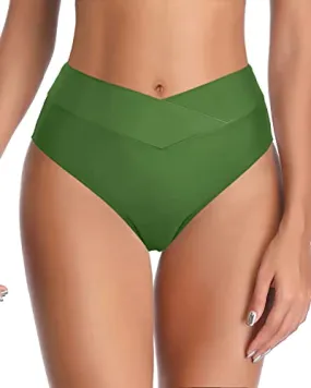 Women High Waisted Swim Bottoms With Twist Front Bikini Bottom-Green