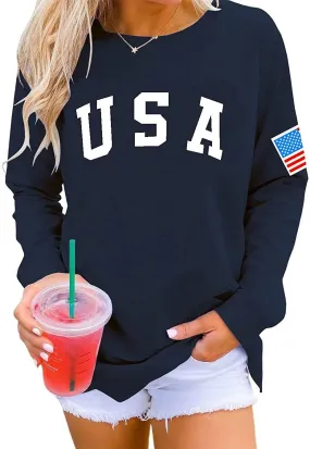 Womens Casual Long Sleeve Graphic Tee USA Crew neck Tops